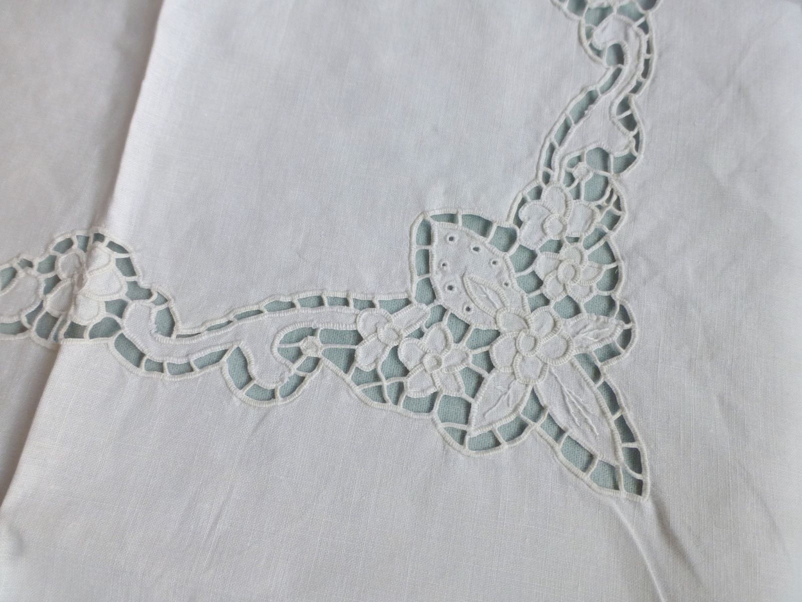 Antique style linen hand embroidered cutwork lace tea tablecloth