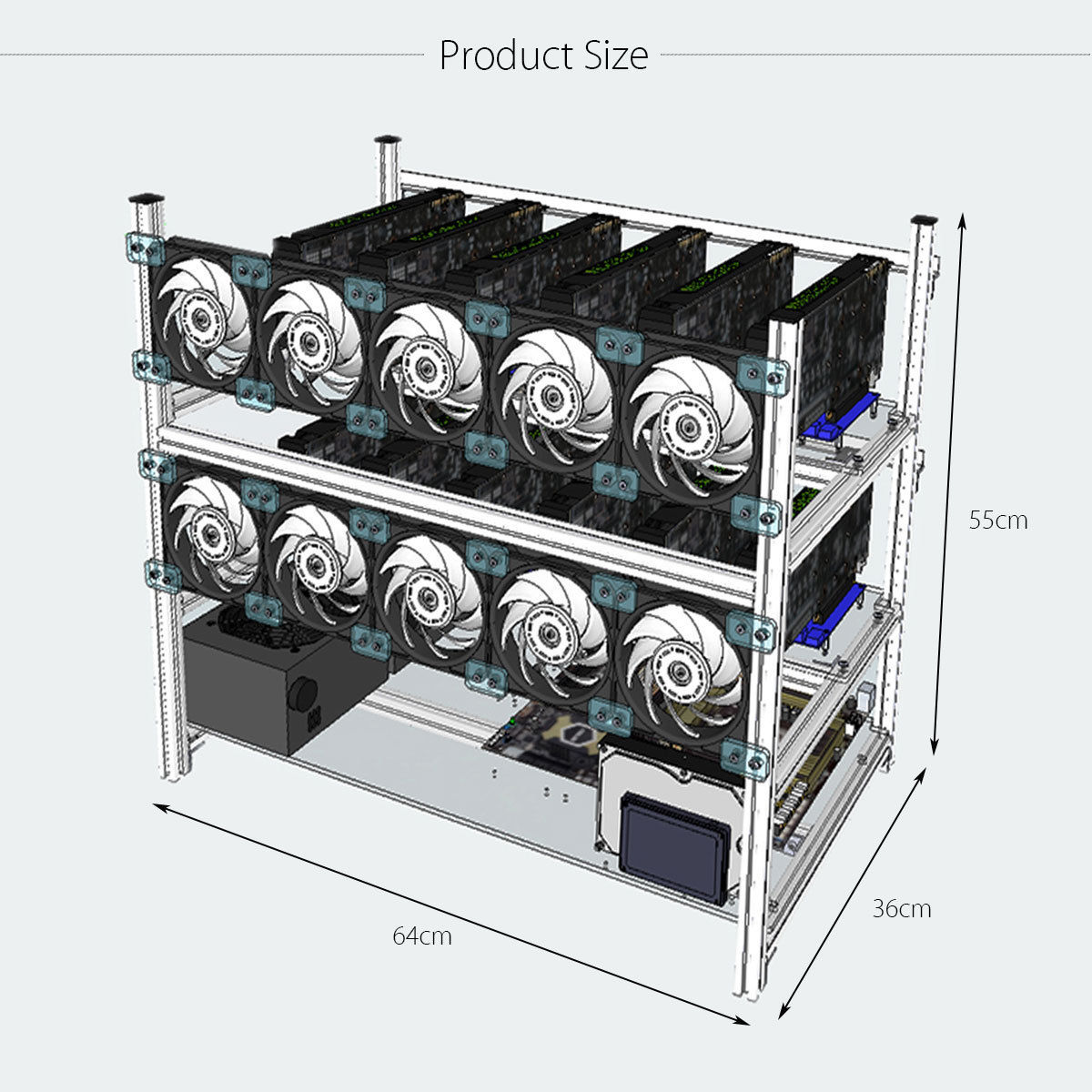 Aluminio Open Air Mining Rig Stackable Frame Case Con Fans Para 12 GPU Ethereum