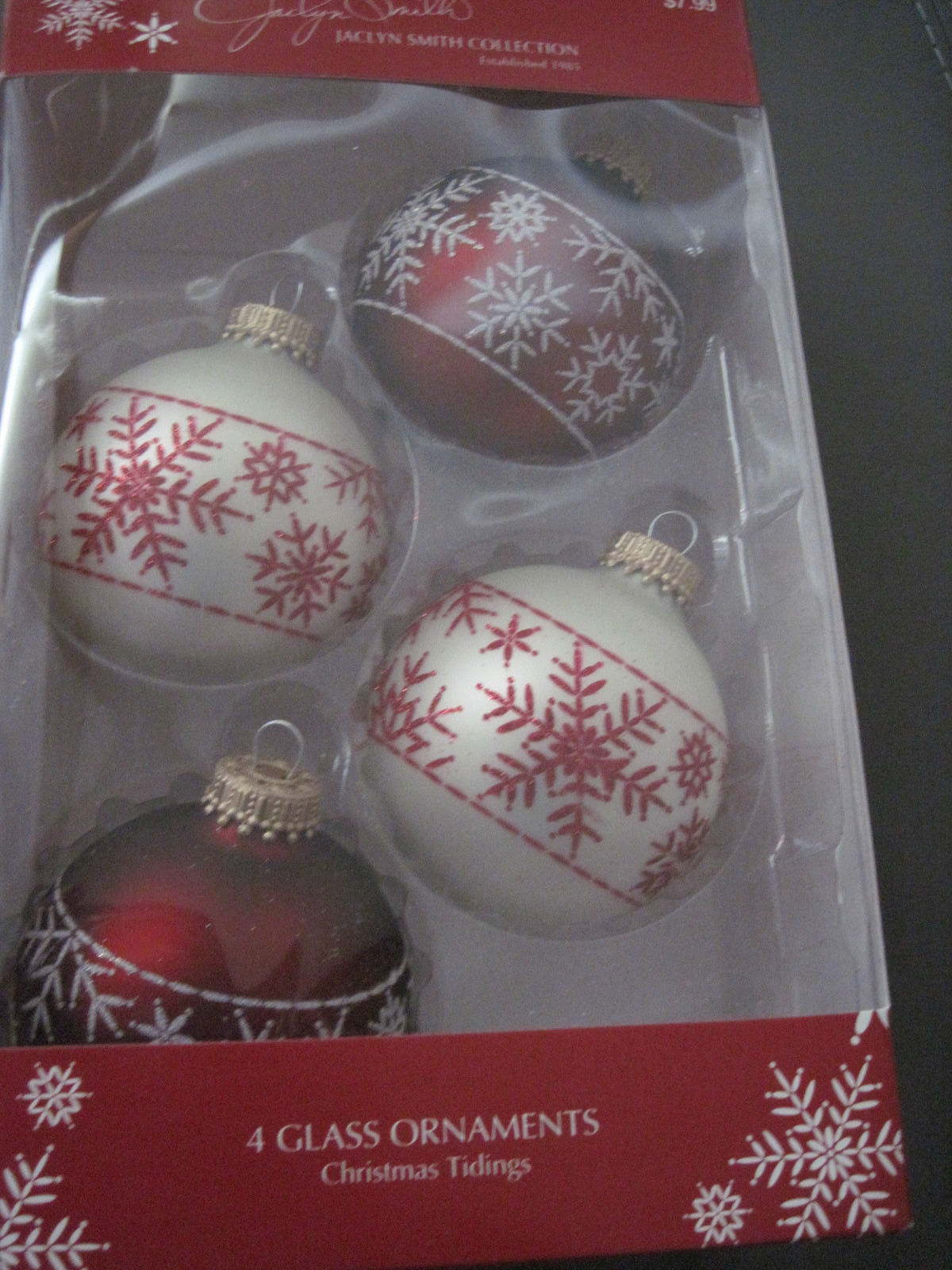 NEW   2 BOXES 4 PER BOX ( 8 ) GLASS JACLYN SMITH RED & WHITE CHRISTMAS ORNAMENTS