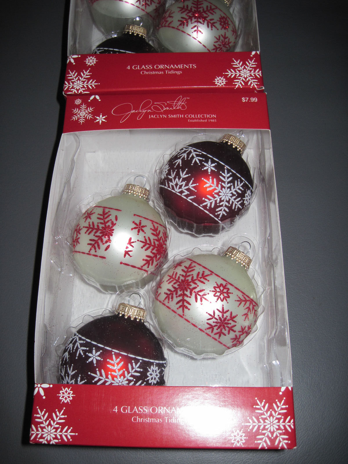 NEW   2 BOXES 4 PER BOX ( 8 ) GLASS JACLYN SMITH RED & WHITE CHRISTMAS ORNAMENTS