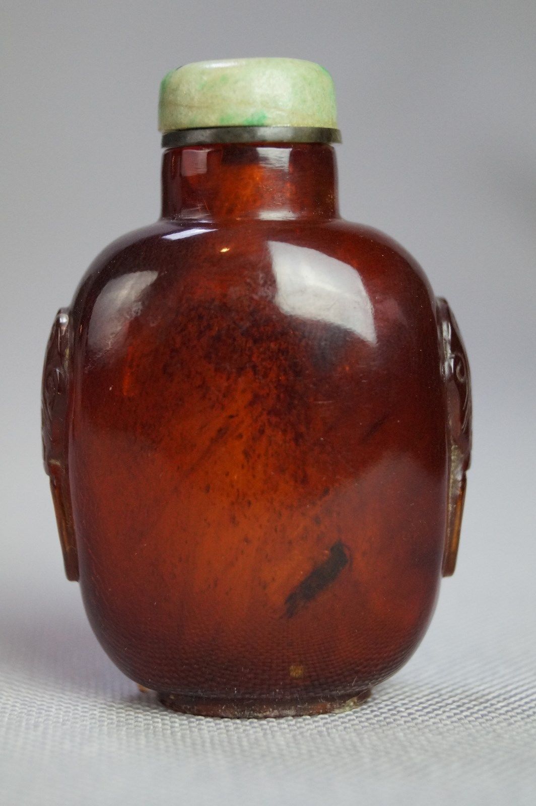 Antique Chinese Amber Snuff Bottle Carved Lion Mask Handles Jade Top