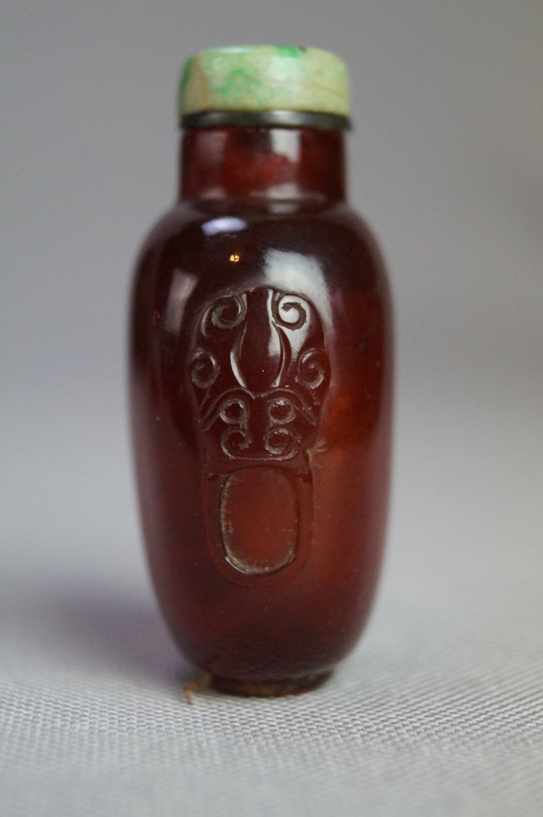 Antique Chinese Amber Snuff Bottle Carved Lion Mask Handles Jade Top