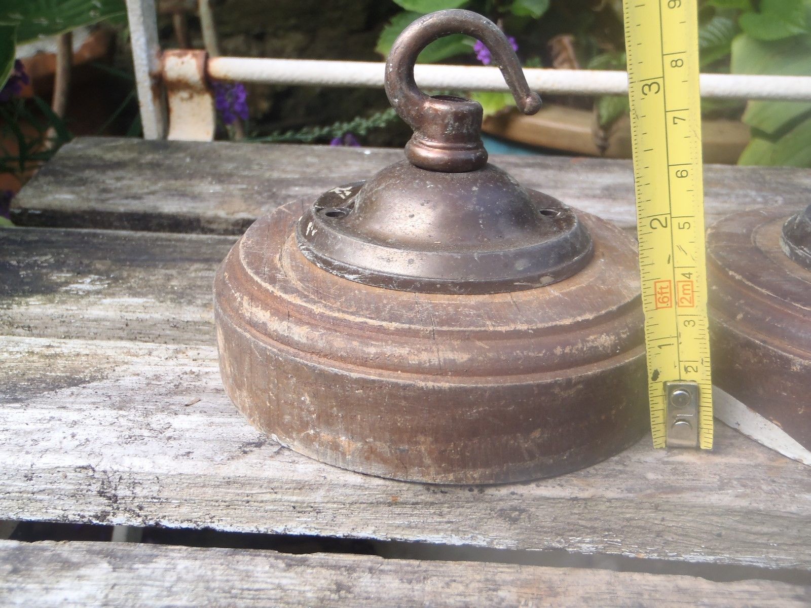 1 of 2 Original 1920s 274g cast bronze hook with wooden ceiling pattress