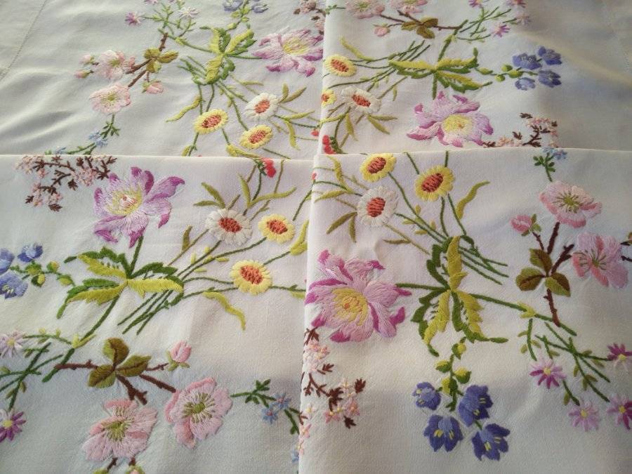 Fabulous Wild Flowers ~Vintage Lge Raised Hand Embroidered Tablecloth 51" X 52"+