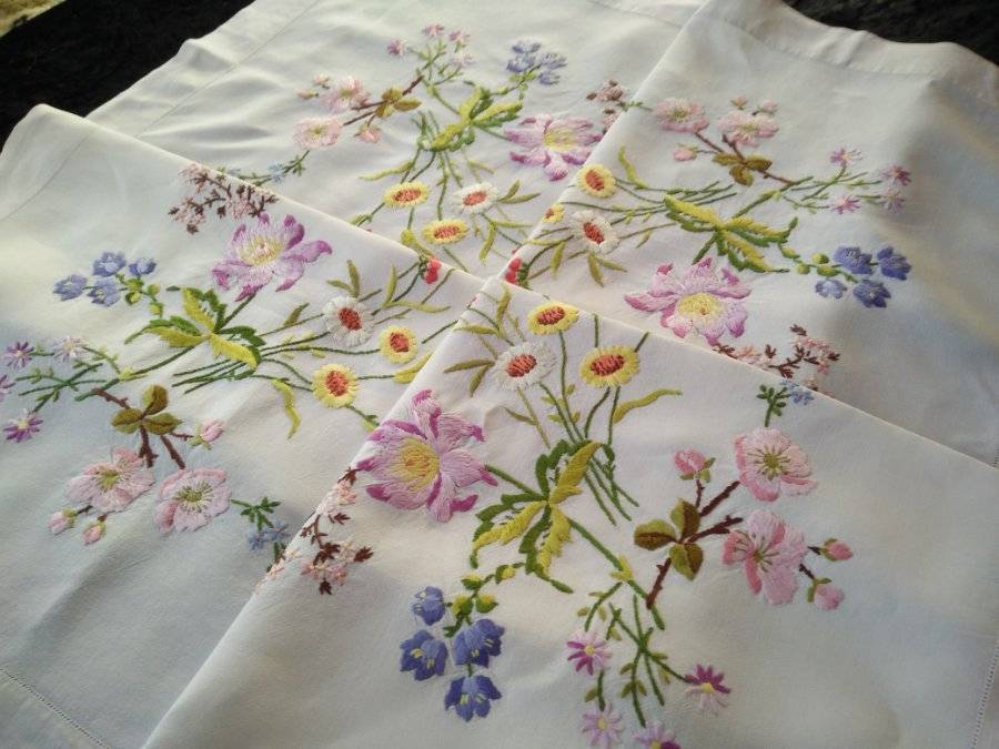 Fabulous Wild Flowers ~Vintage Lge Raised Hand Embroidered Tablecloth 51" X 52"+