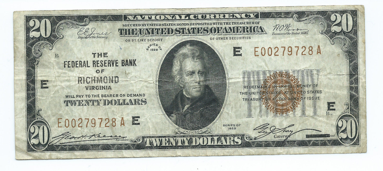 1929 $20.00 NATIONAL BANKNOTE -- THE FEDERAL RESERVE BANK OF RICHMOND, VIRGINIA