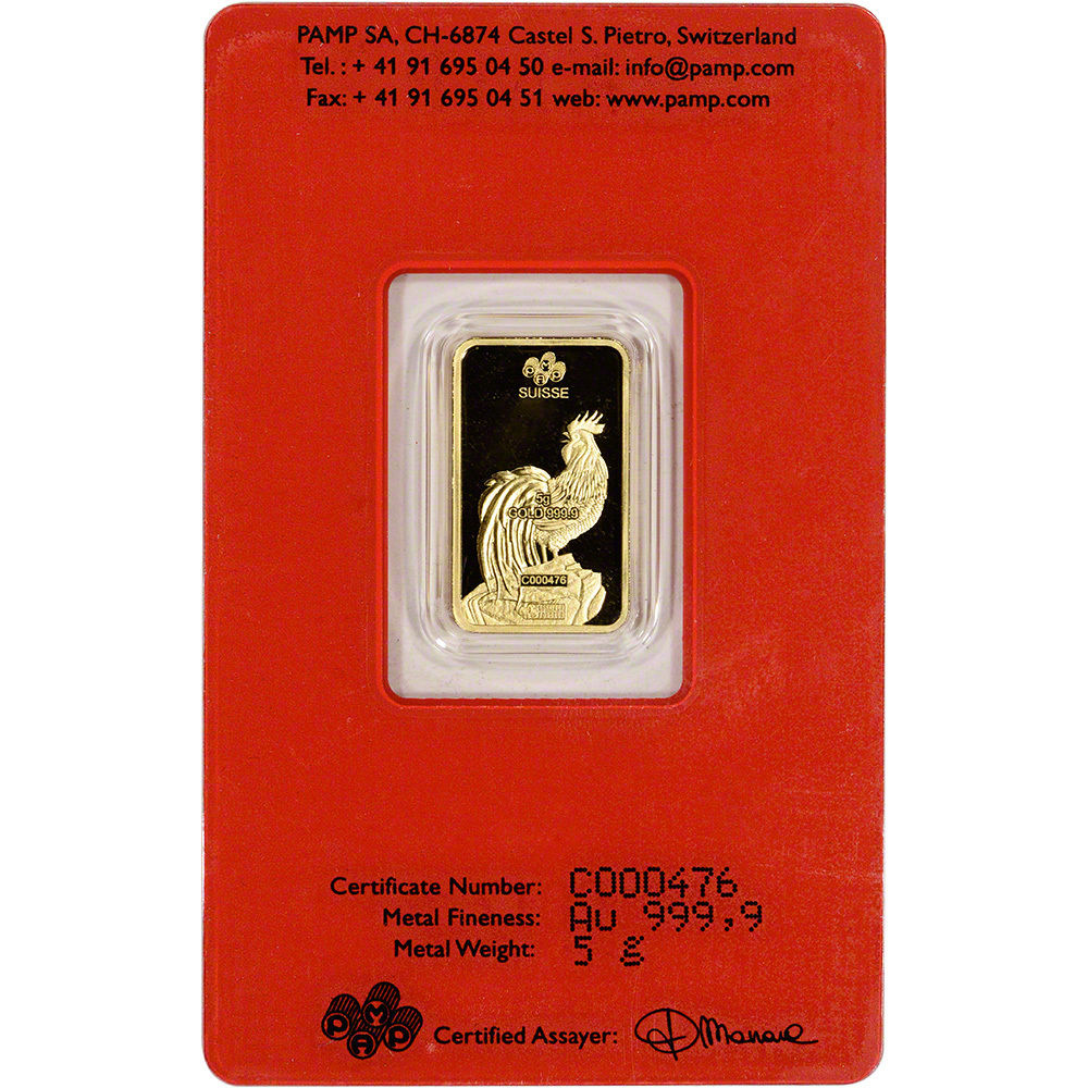 5 gram Gold Bar - PAMP Suisse - Lunar Year of the Rooster - 999.9 Fine in Assay