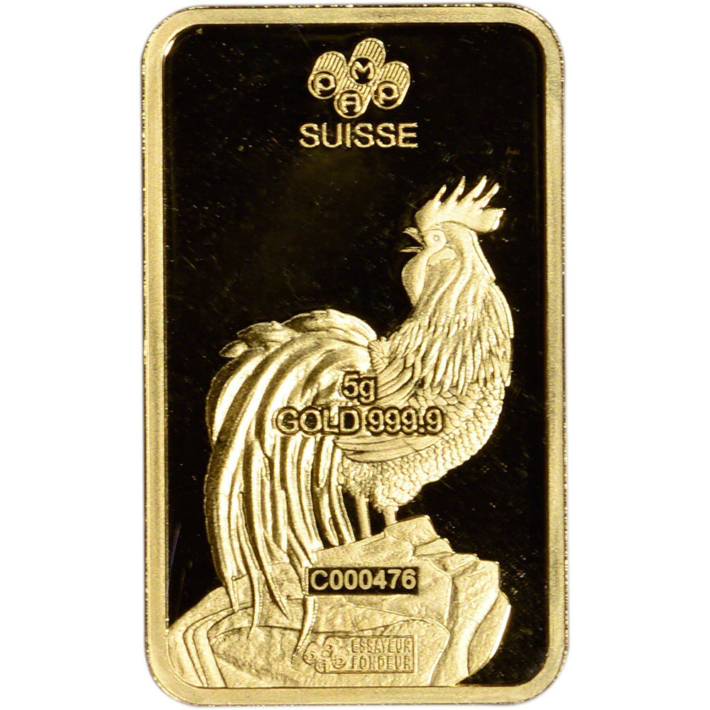 5 gram Gold Bar - PAMP Suisse - Lunar Year of the Rooster - 999.9 Fine in Assay