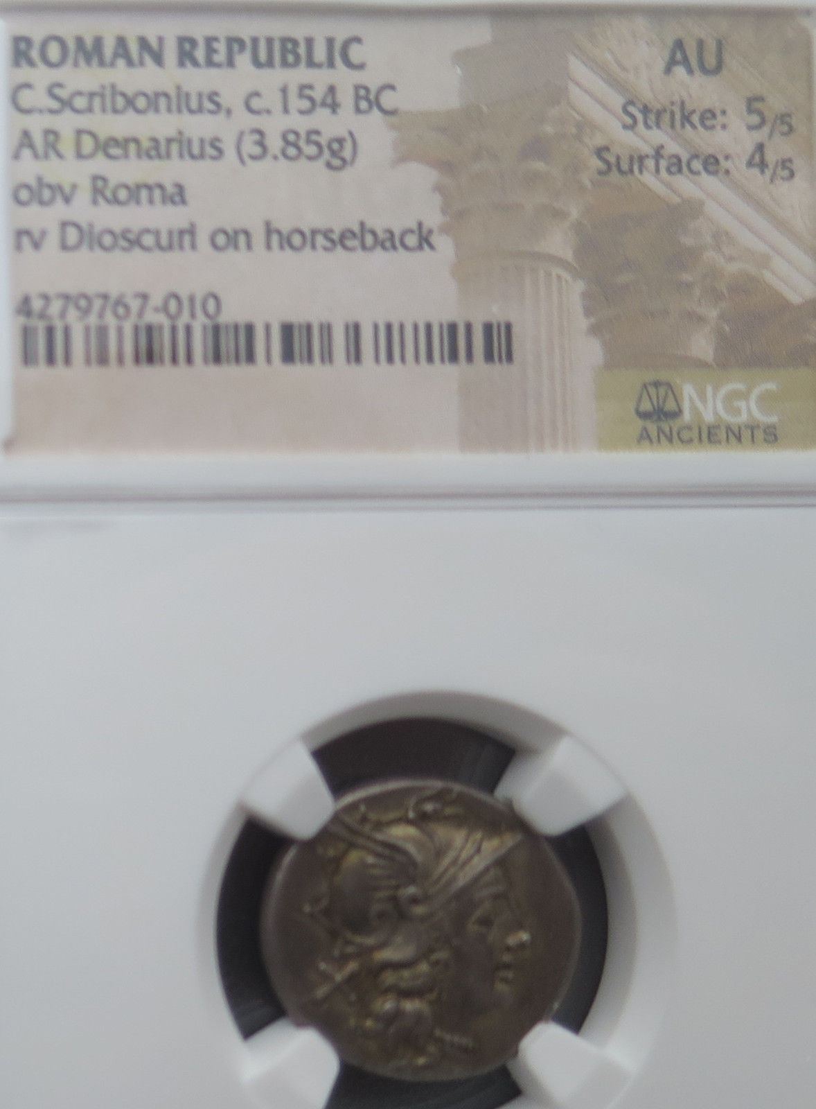 154 B.C. NGC AU 5/5;4/5 C. Scribonius Roman Republic Silver Denarius