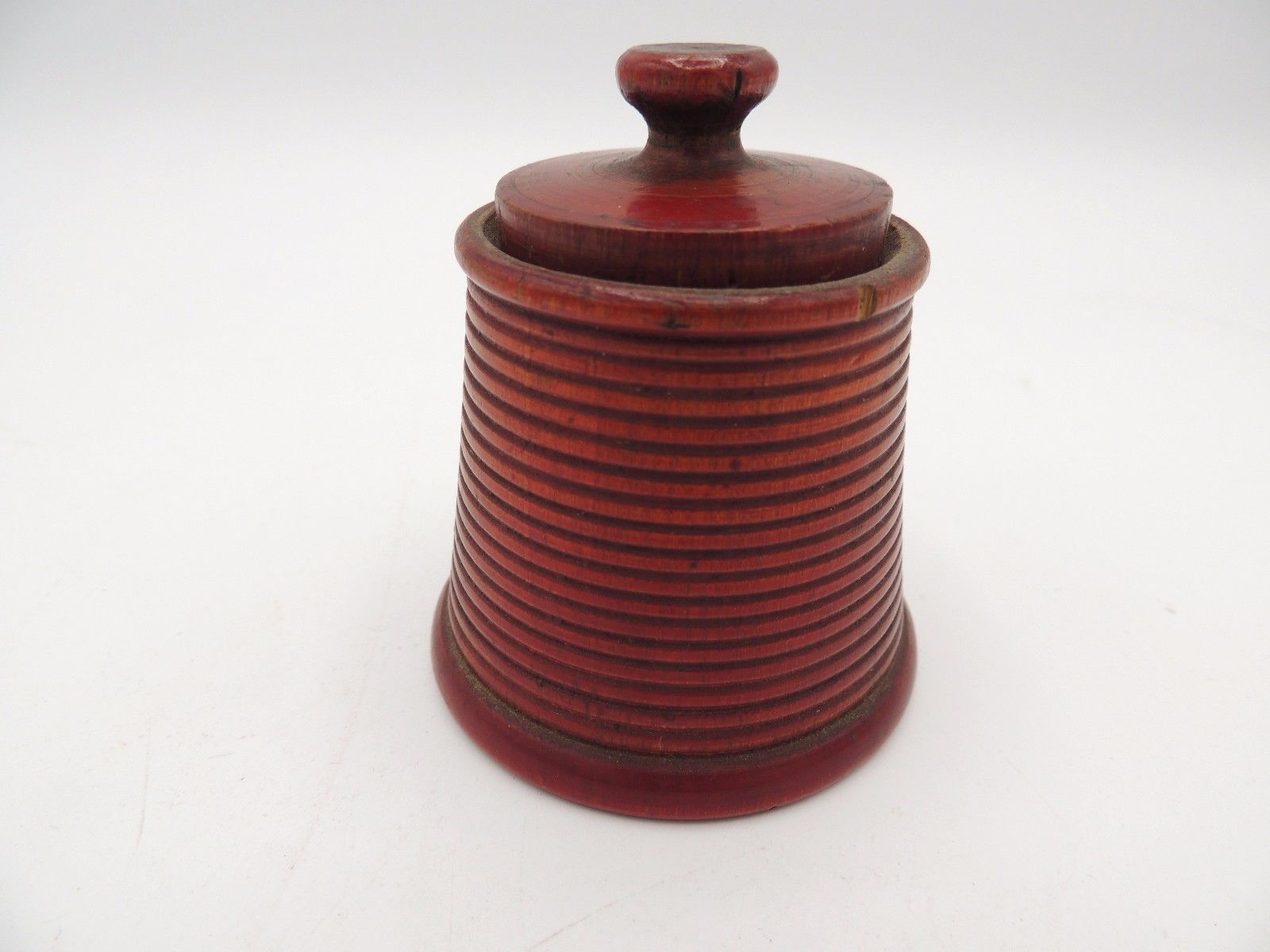 Vintage Turned Wood Covered Jar Primitive Old Red Paint Treenware