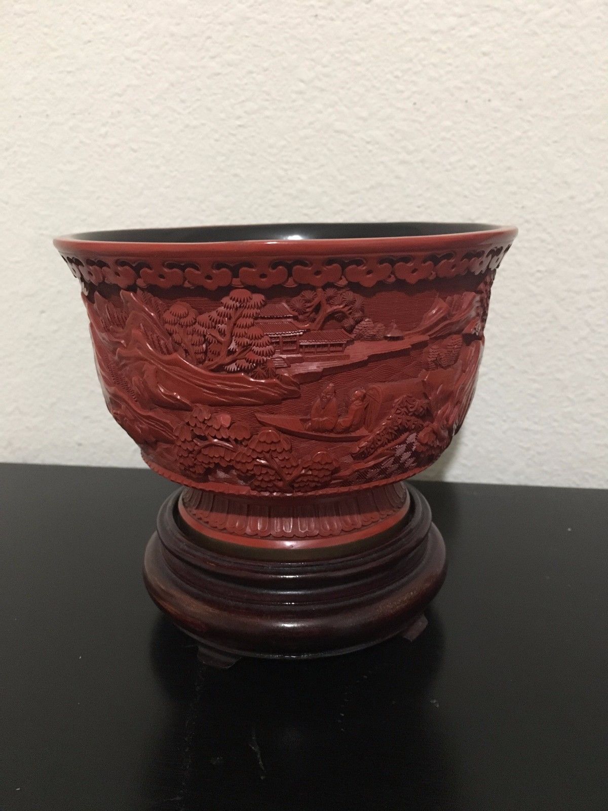 Antique Chinese Hand Carved Wooden Lacquer Bowl With Wooden Stand