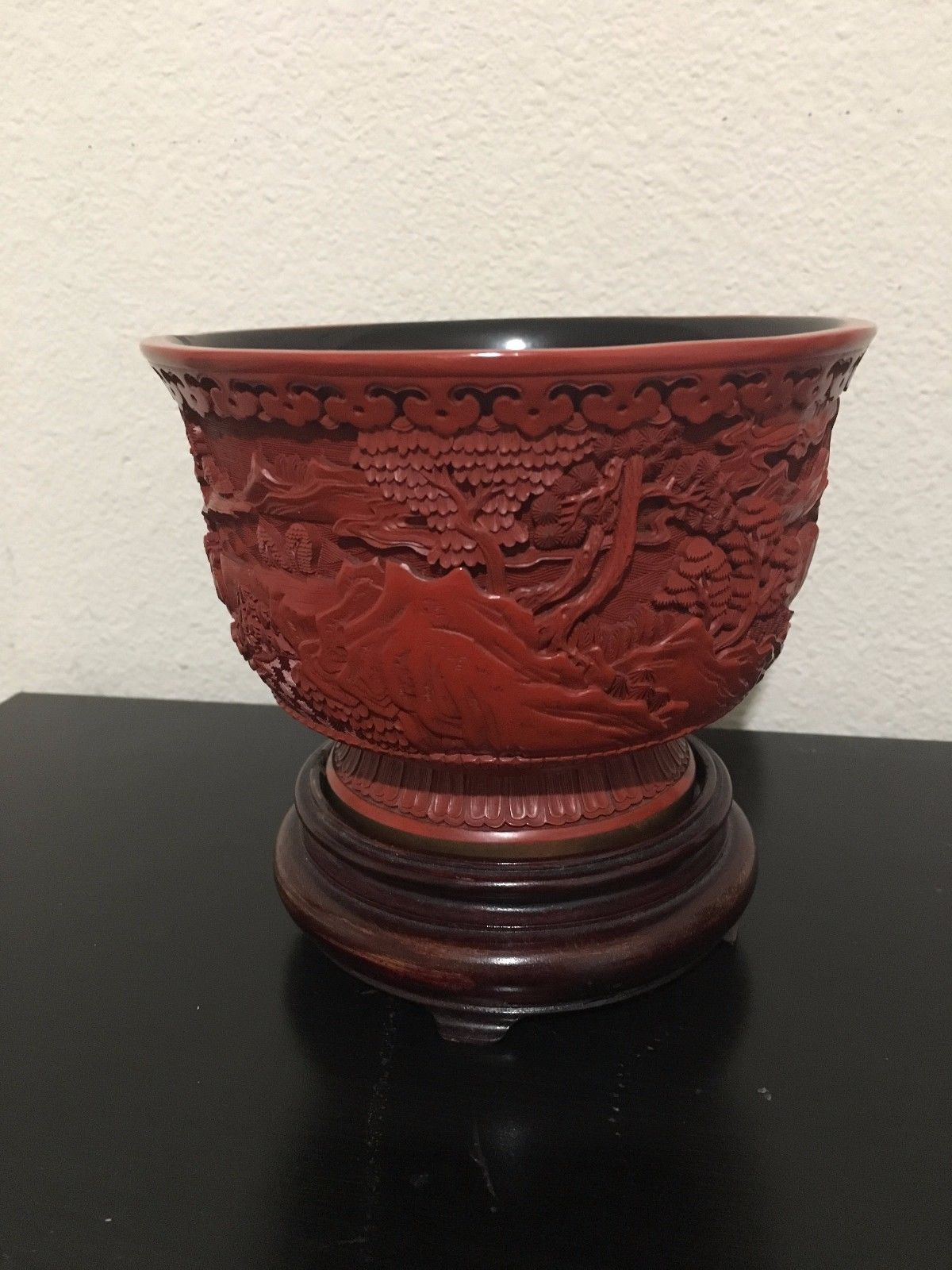 Antique Chinese Hand Carved Wooden Lacquer Bowl With Wooden Stand