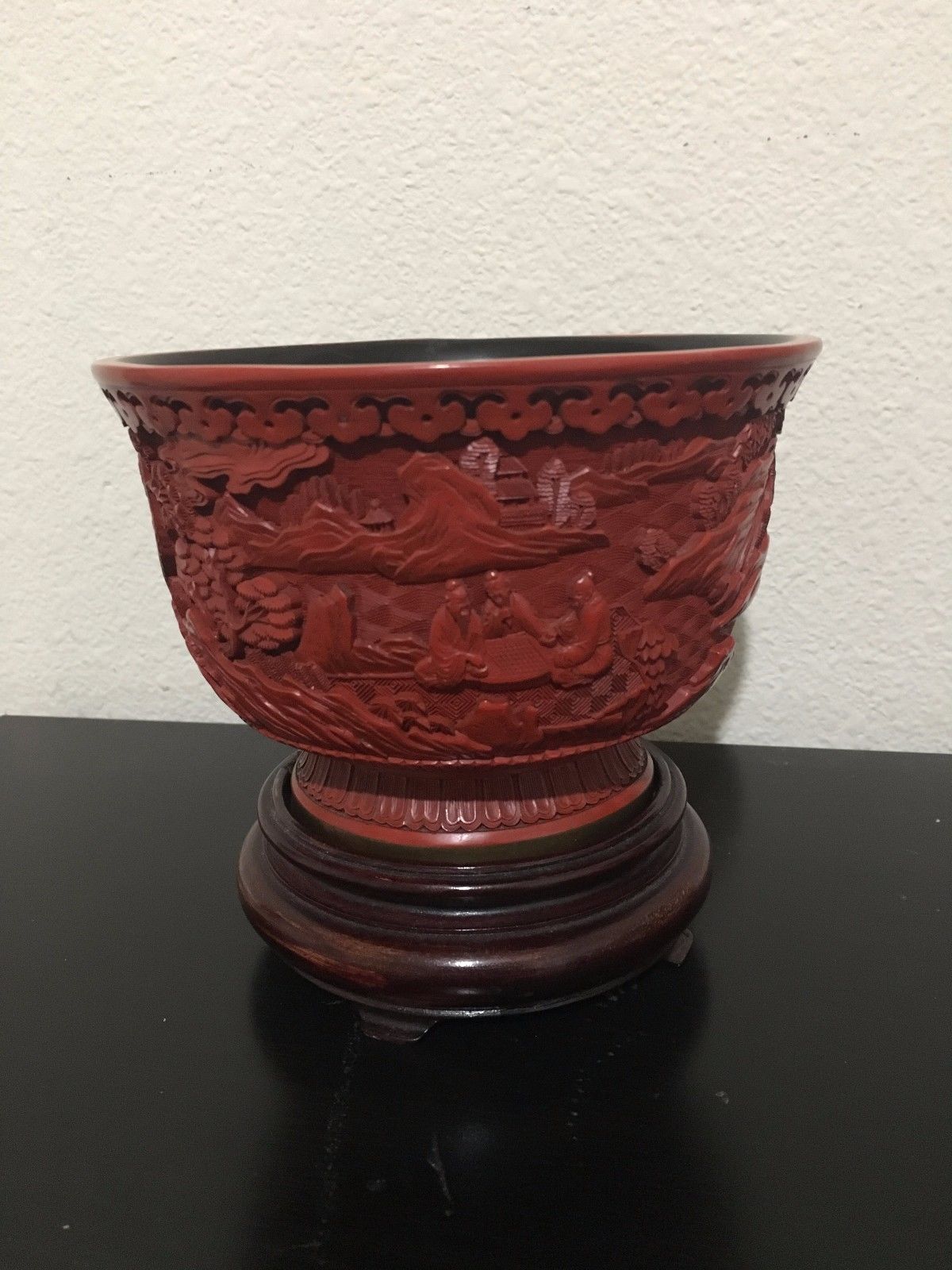 Antique Chinese Hand Carved Wooden Lacquer Bowl With Wooden Stand