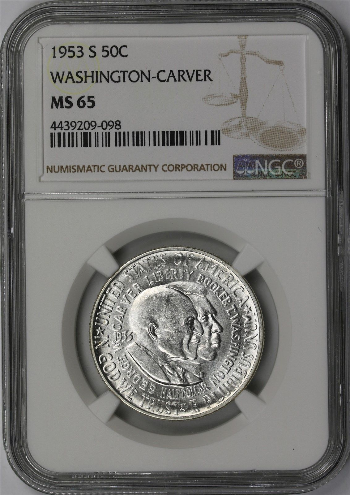 1953-S Washington-Carver 50C NGC MS 65 ~ Early Silver Commemorative Half Dollar
