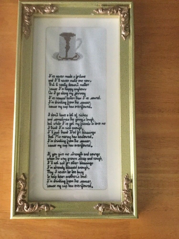 Framed Embroidery Poem Drinking From The Saucer.  Nice!