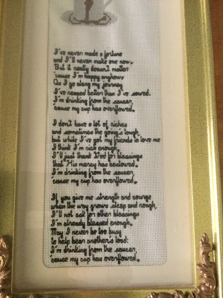 Framed Embroidery Poem Drinking From The Saucer.  Nice!