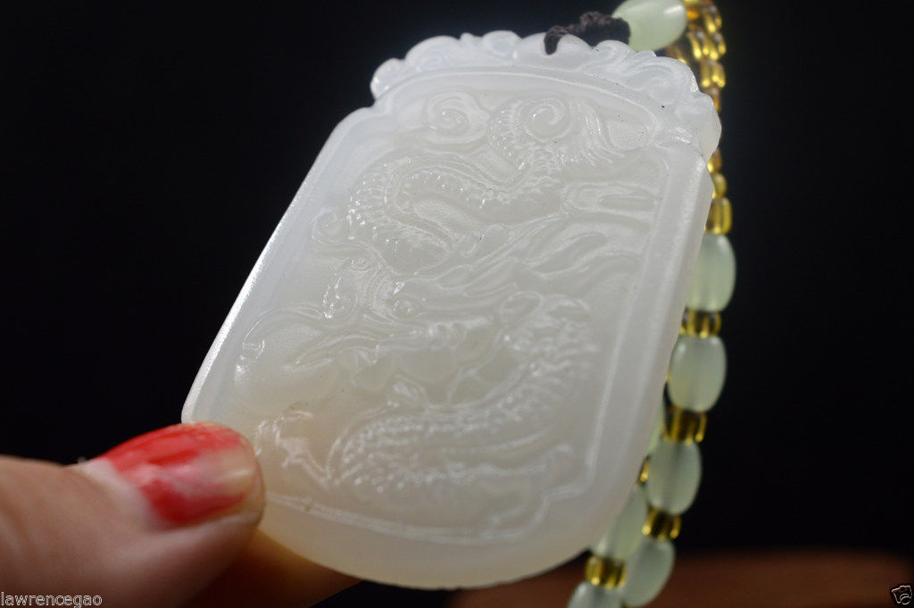 Hand-carved 100% natural white Jade China Dragon Statue Pendant Free Necklaces