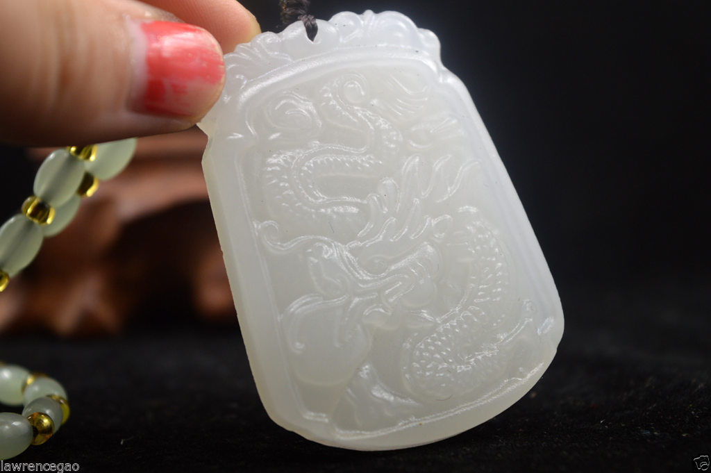 Hand-carved 100% natural white Jade China Dragon Statue Pendant Free Necklaces