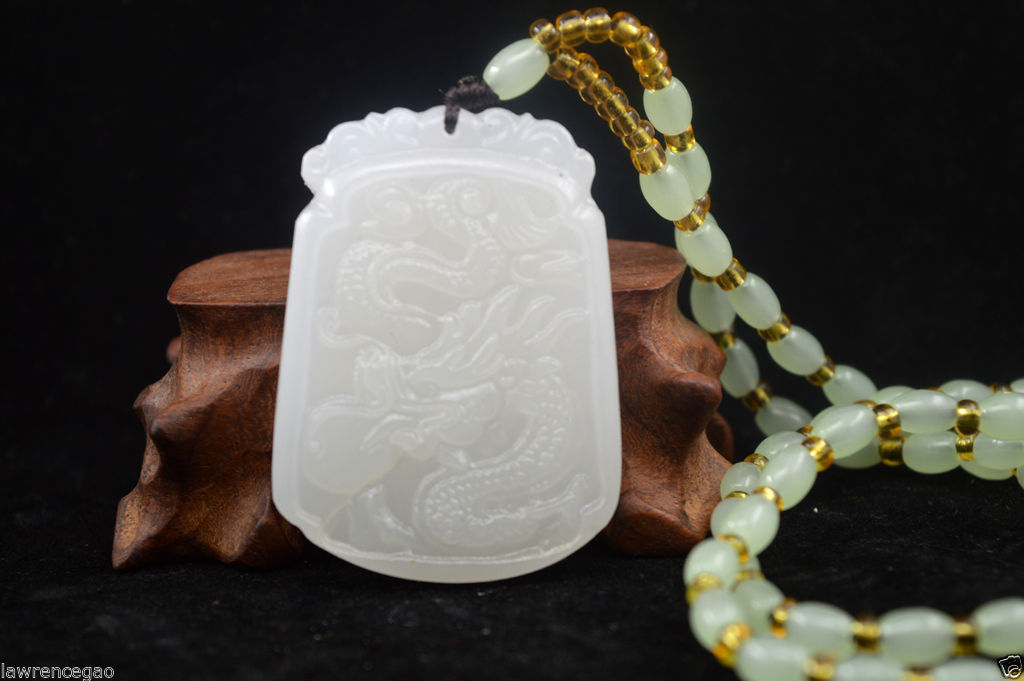 Hand-carved 100% natural white Jade China Dragon Statue Pendant Free Necklaces