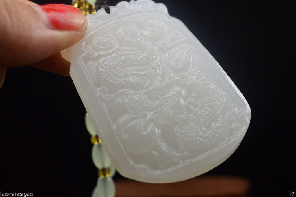 Hand-carved 100% natural white Jade China Dragon Statue Pendant Free Necklaces