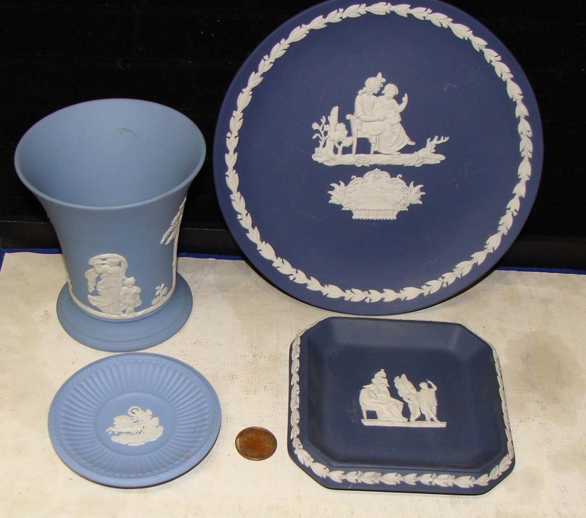 Lot of 4 Wedgwood Blue Jasperware Vase & Dishes with Classical Scenes