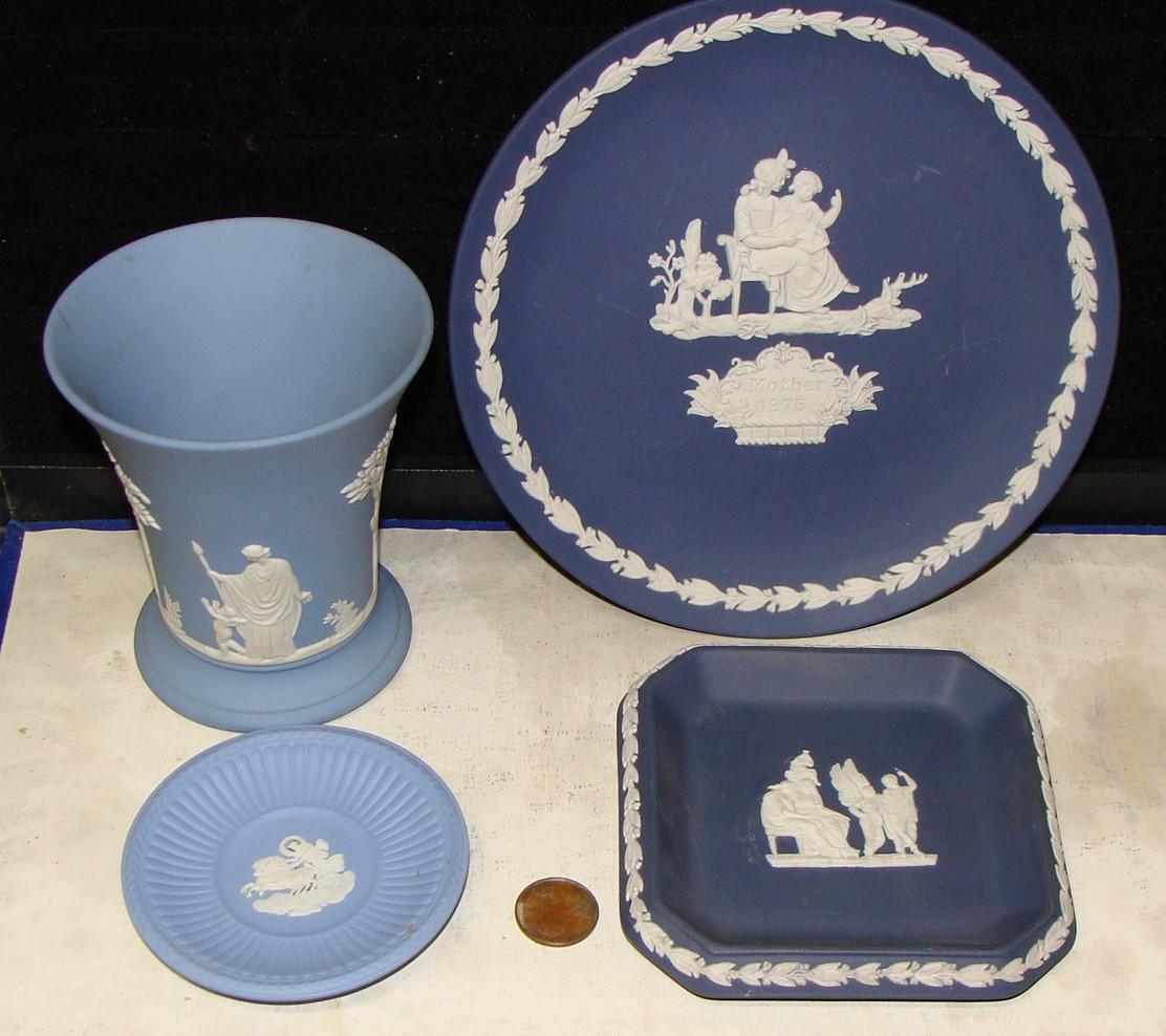 Lot of 4 Wedgwood Blue Jasperware Vase & Dishes with Classical Scenes