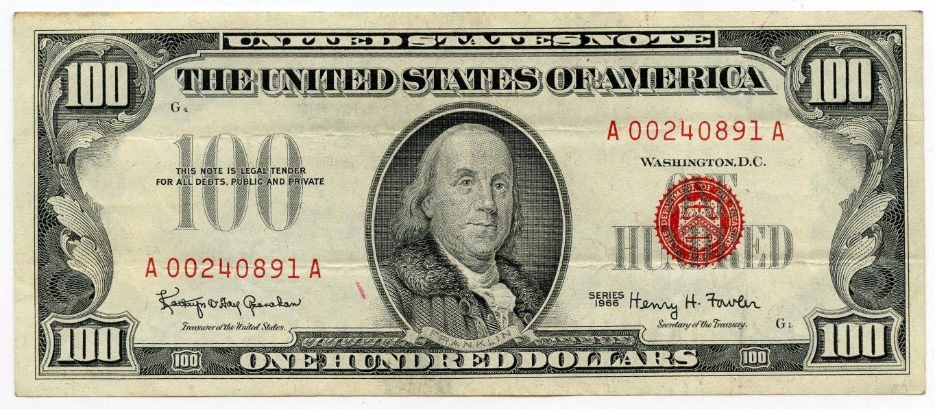 1966 $100 United States Note - Red Seal Currency - Hundred Dollars - AL898