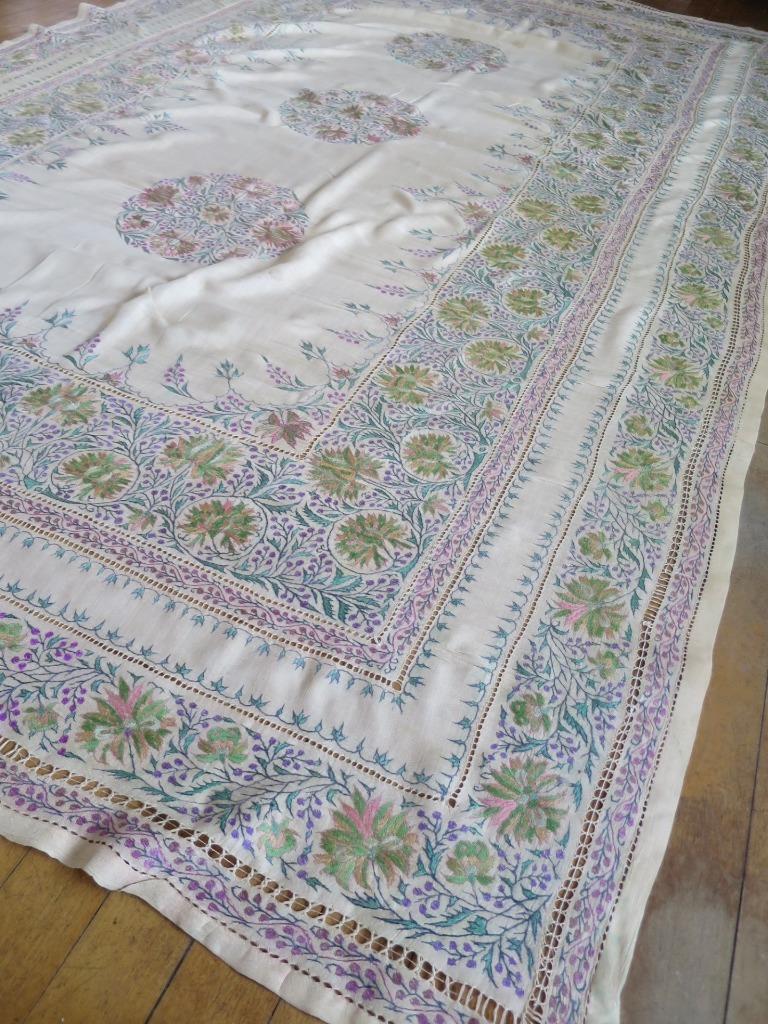 Large Antique Silk Table Cloth- Profuse Silk Kashmir Hand Embroidery