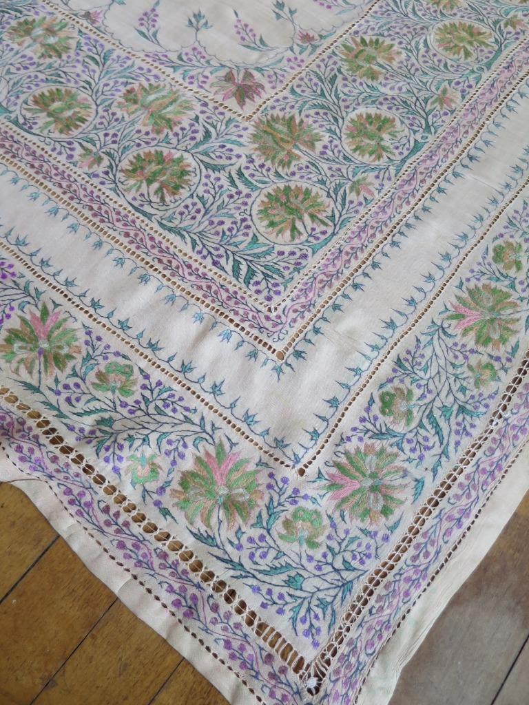 Large Antique Silk Table Cloth- Profuse Silk Kashmir Hand Embroidery