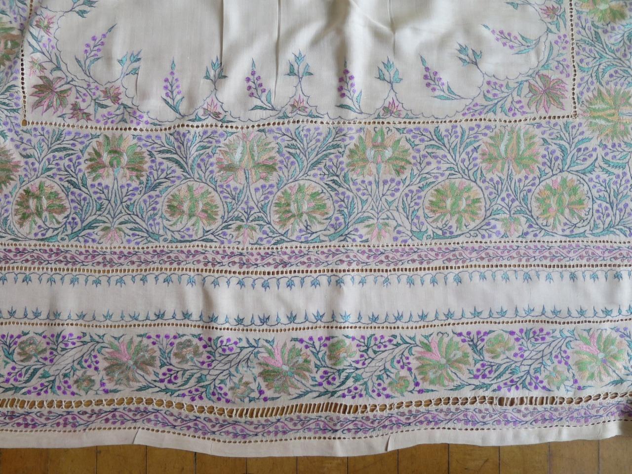 Large Antique Silk Table Cloth- Profuse Silk Kashmir Hand Embroidery