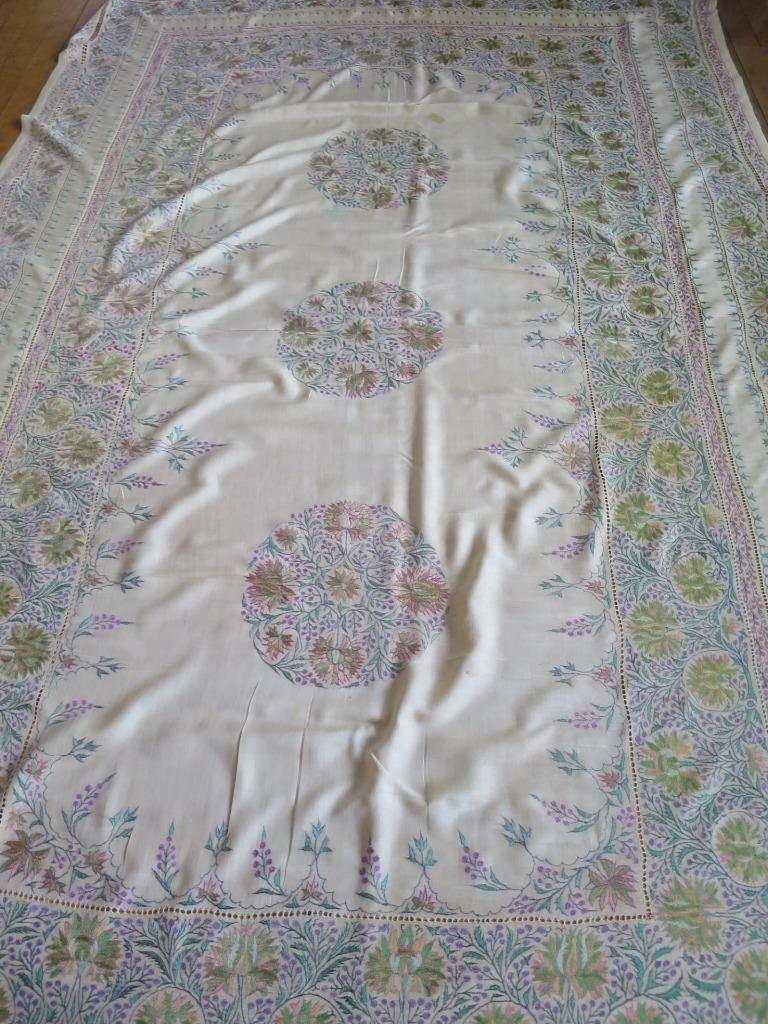 Large Antique Silk Table Cloth- Profuse Silk Kashmir Hand Embroidery