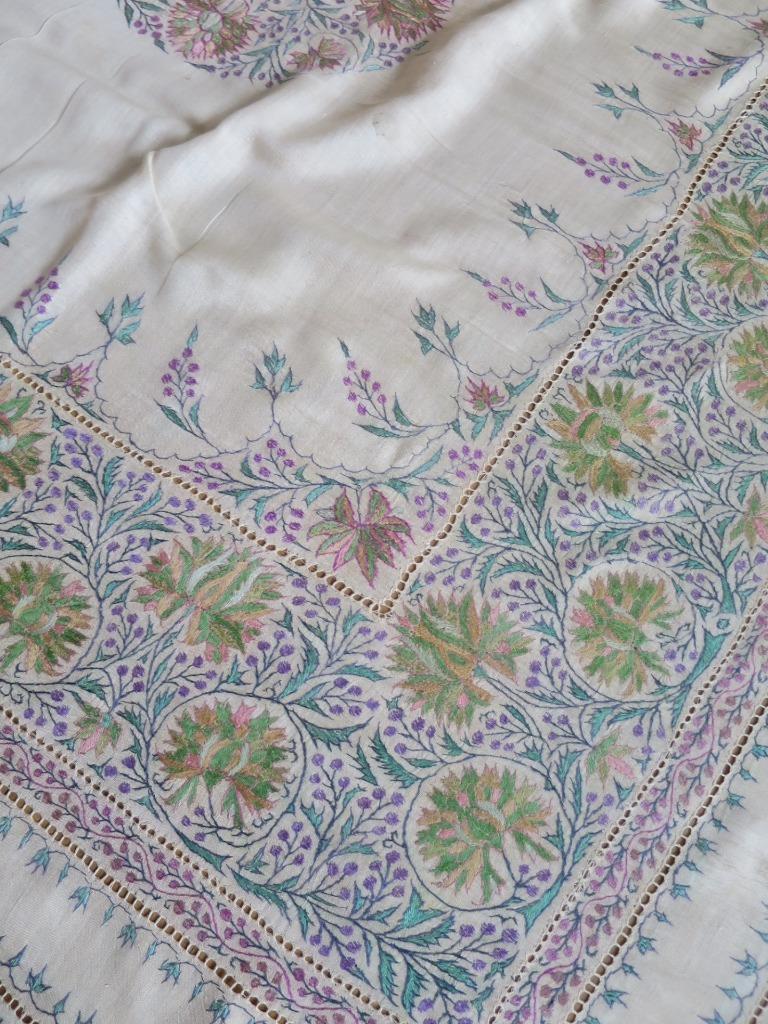 Large Antique Silk Table Cloth- Profuse Silk Kashmir Hand Embroidery