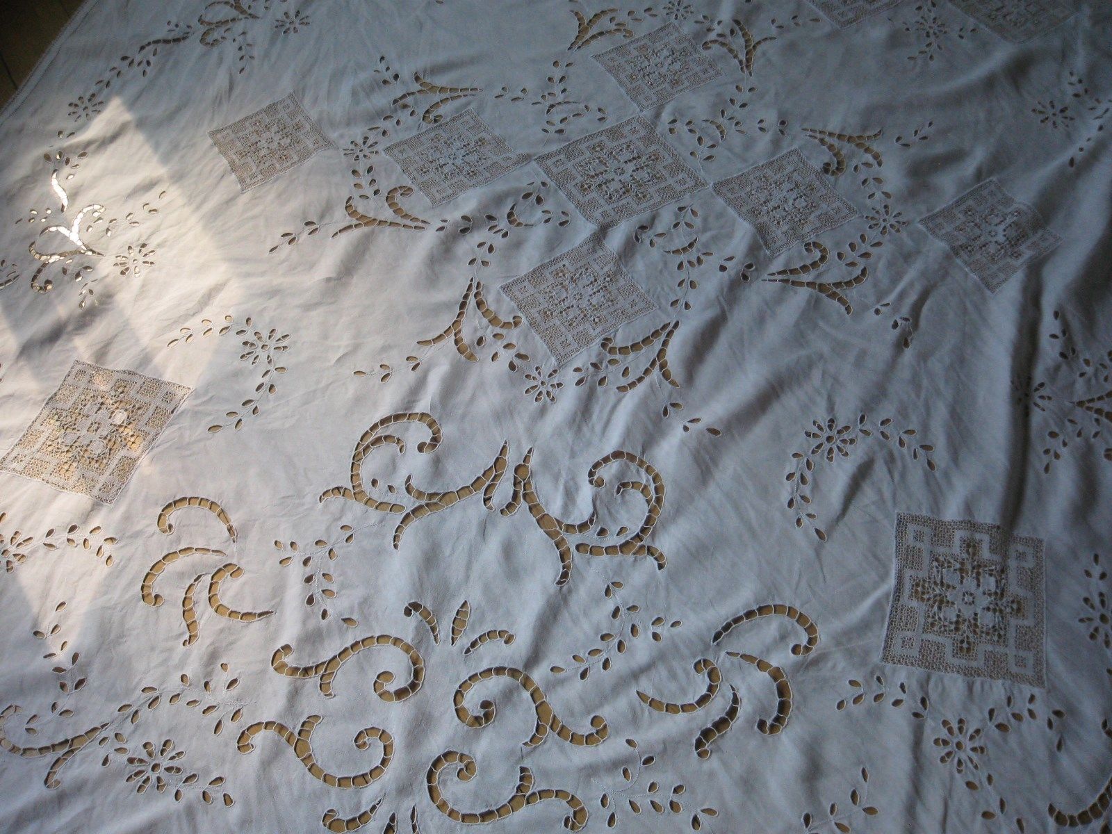 ANTIQUE FRENCH Pure Linen CURTAIN-RICHELIEU-Embroidery On Net.-Lace-78.75"x94.5"