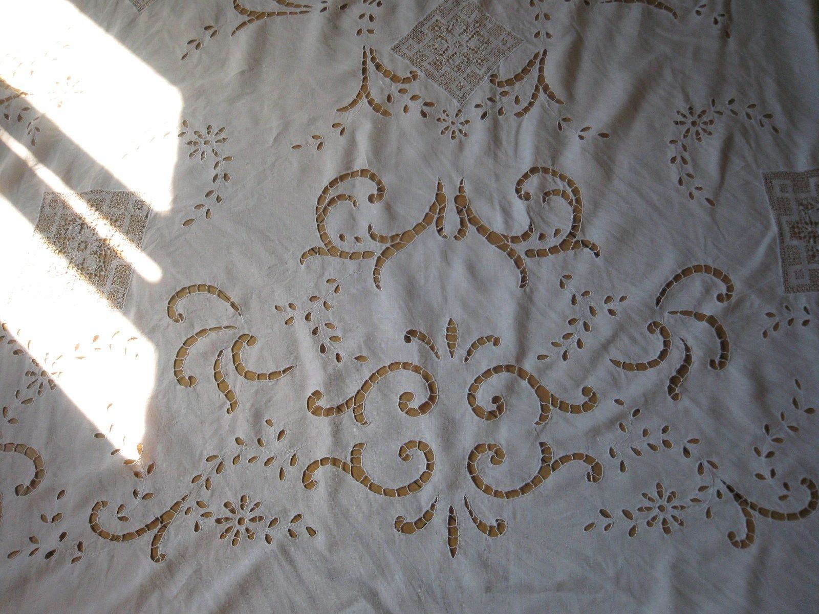 ANTIQUE FRENCH Pure Linen CURTAIN-RICHELIEU-Embroidery On Net.-Lace-78.75"x94.5"