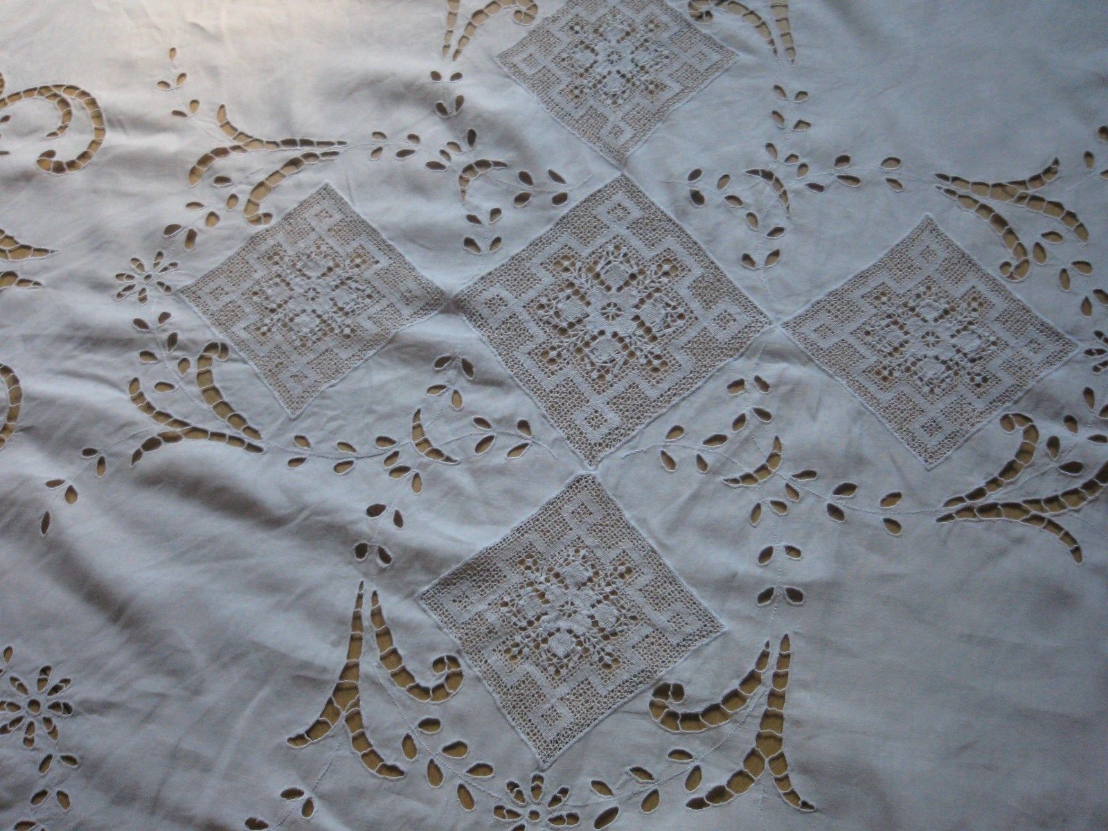 ANTIQUE FRENCH Pure Linen CURTAIN-RICHELIEU-Embroidery On Net.-Lace-78.75"x94.5"