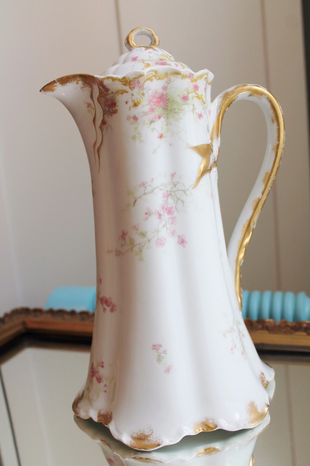 HAVILAND LIMOGES FRANCE Chocolate Pot Swags of Pink Flowers & Gold