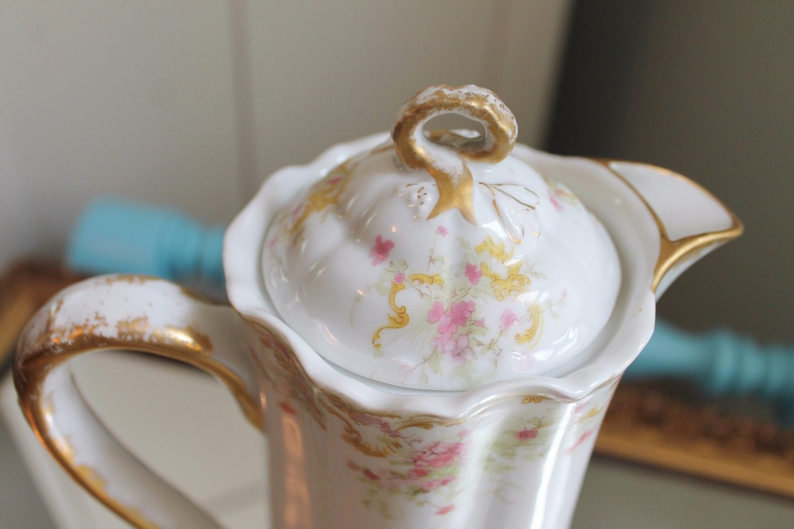 HAVILAND LIMOGES FRANCE Chocolate Pot Swags of Pink Flowers & Gold