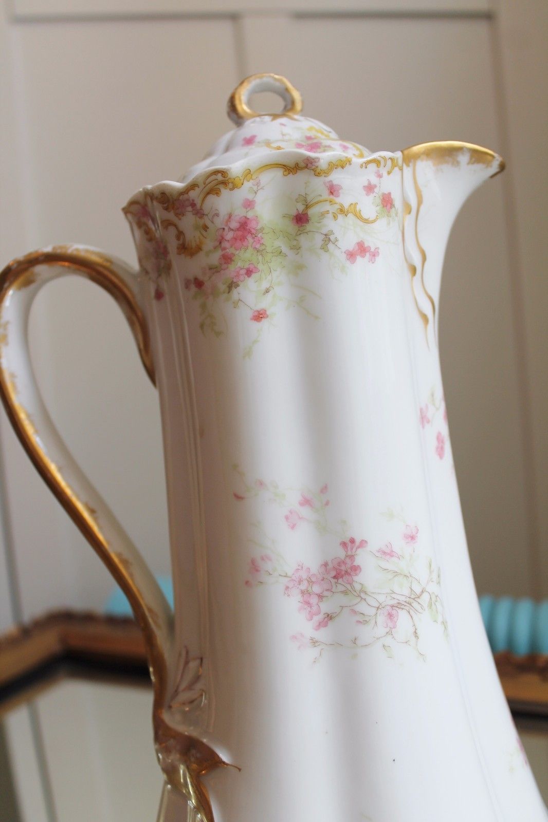 HAVILAND LIMOGES FRANCE Chocolate Pot Swags of Pink Flowers & Gold