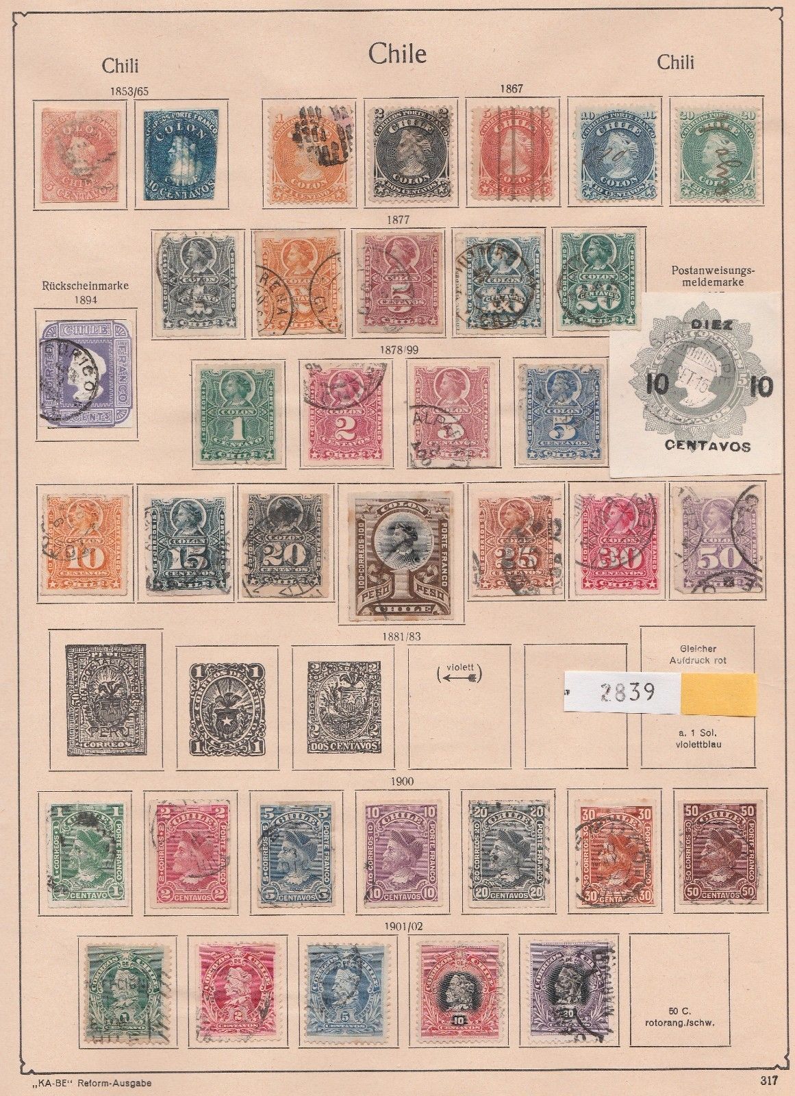 2839 Chile: 6 KaBe album pages. 1853-1936