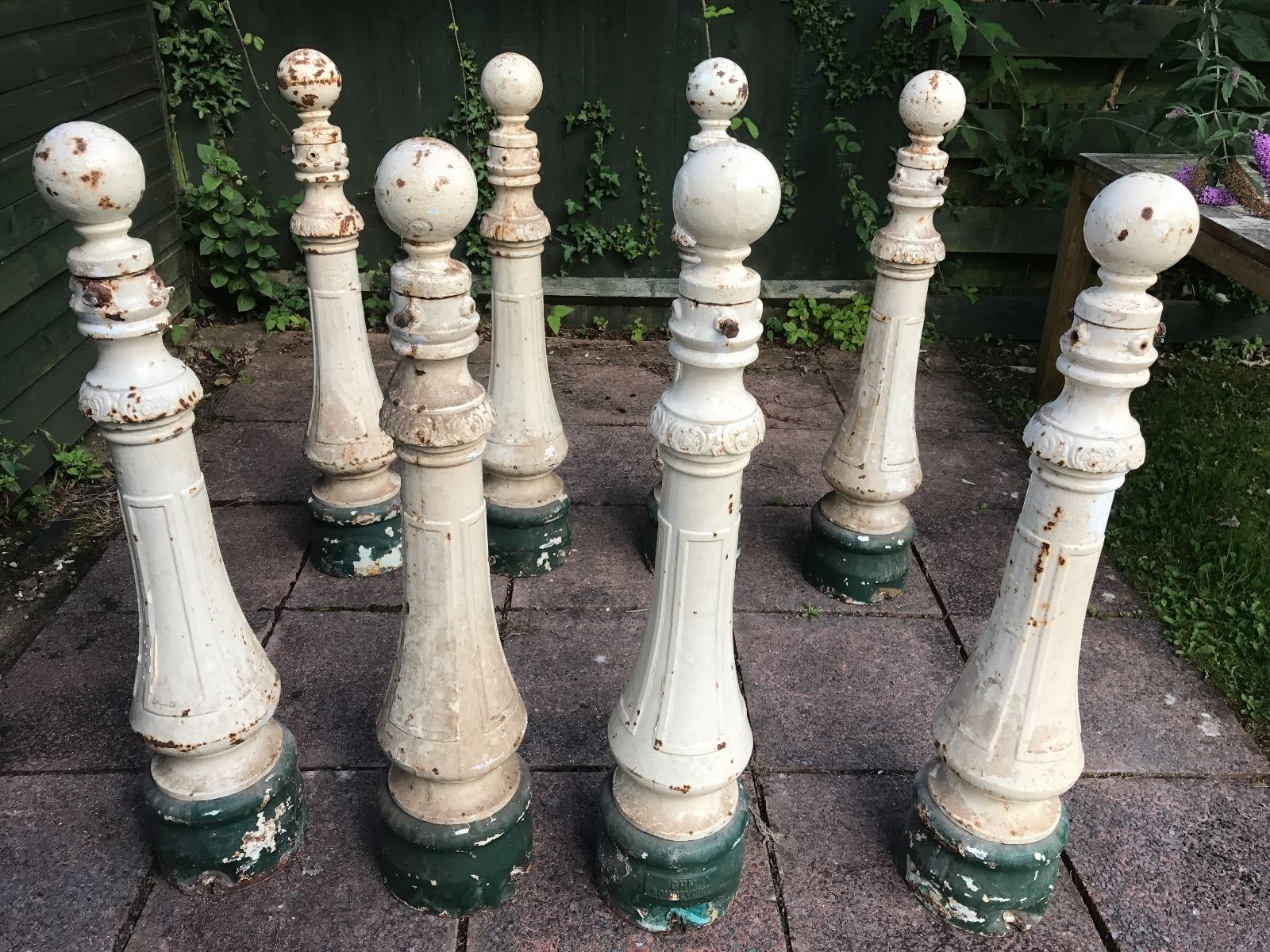 Set of 8 Cast Iron Antique Vintage Garden Street Bollards or Chain Posts