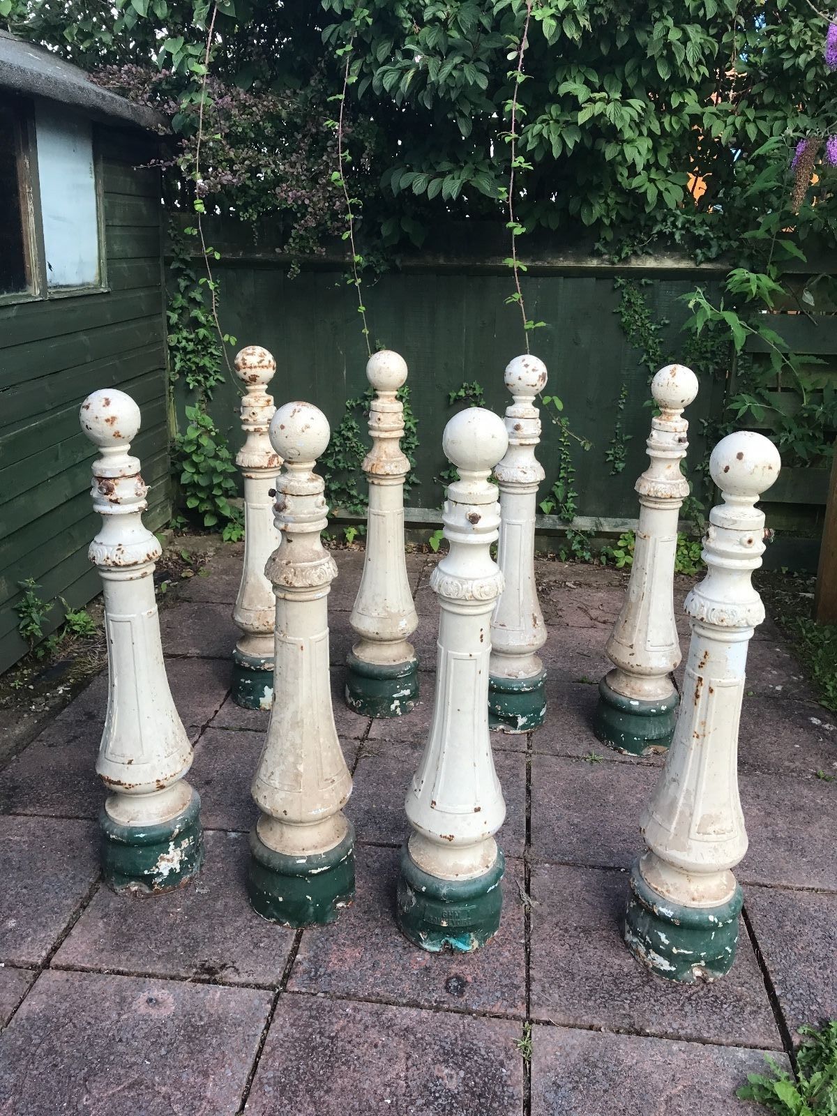 Set of 8 Cast Iron Antique Vintage Garden Street Bollards or Chain Posts