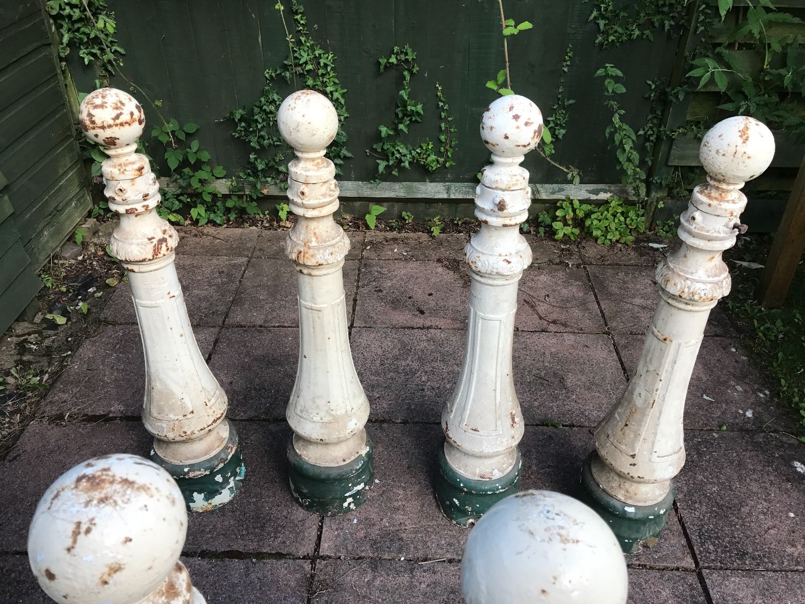 Set of 8 Cast Iron Antique Vintage Garden Street Bollards or Chain Posts