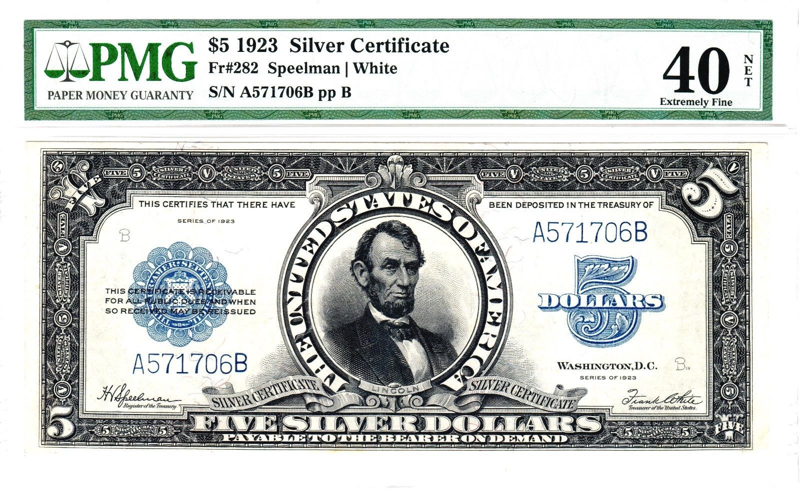 1923 $5 Silver Certificate, Fr. 282, Extremely Fine (EF-40) Condition (PMG)