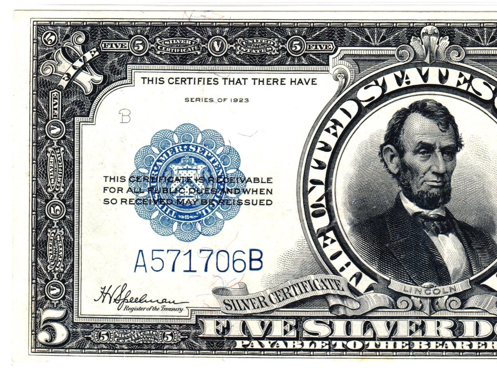 1923 $5 Silver Certificate, Fr. 282, Extremely Fine (EF-40) Condition (PMG)