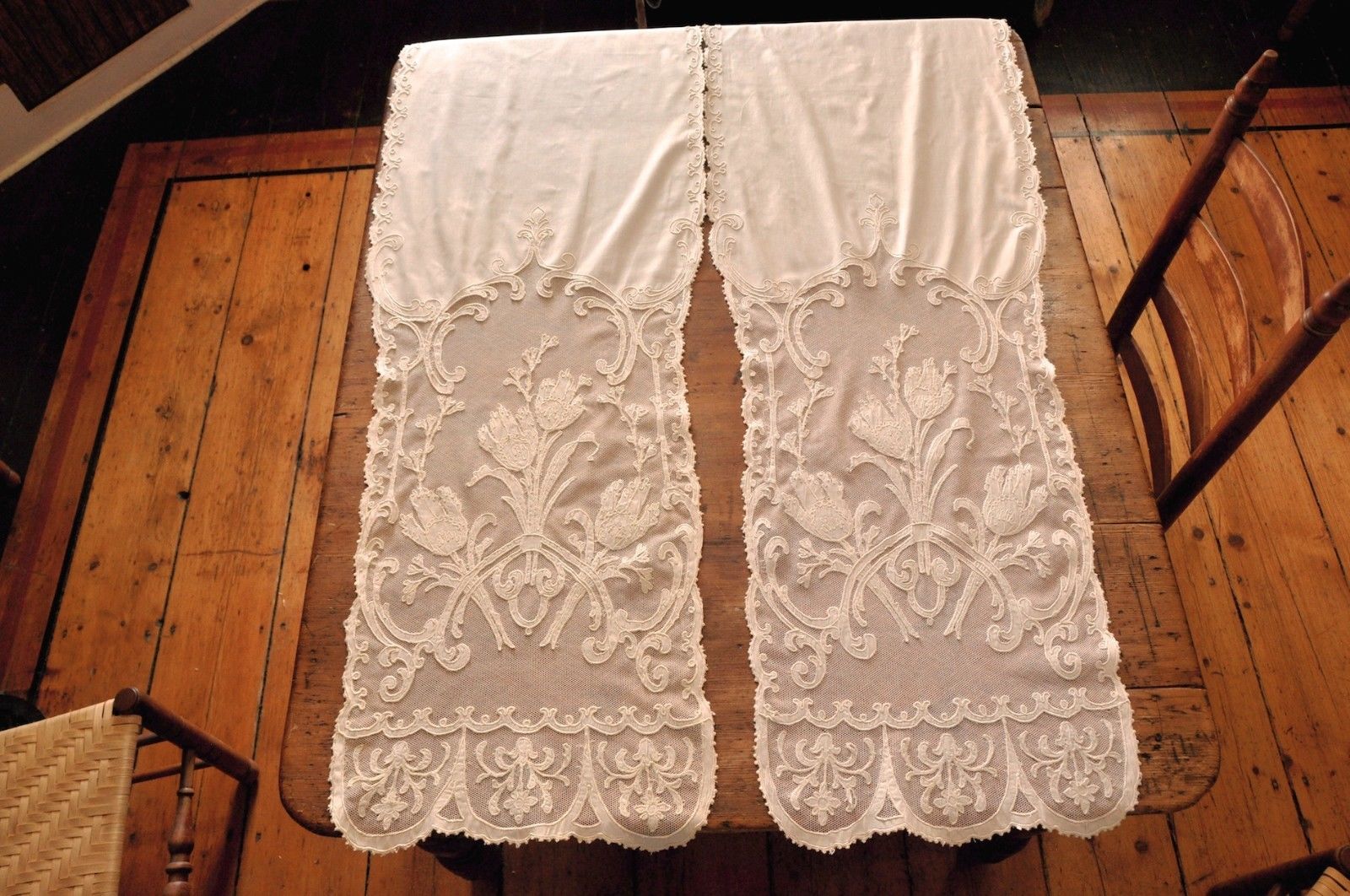 Pair Antique 19th c Embroidered Tambour Lace & Muslin Curtain Panels