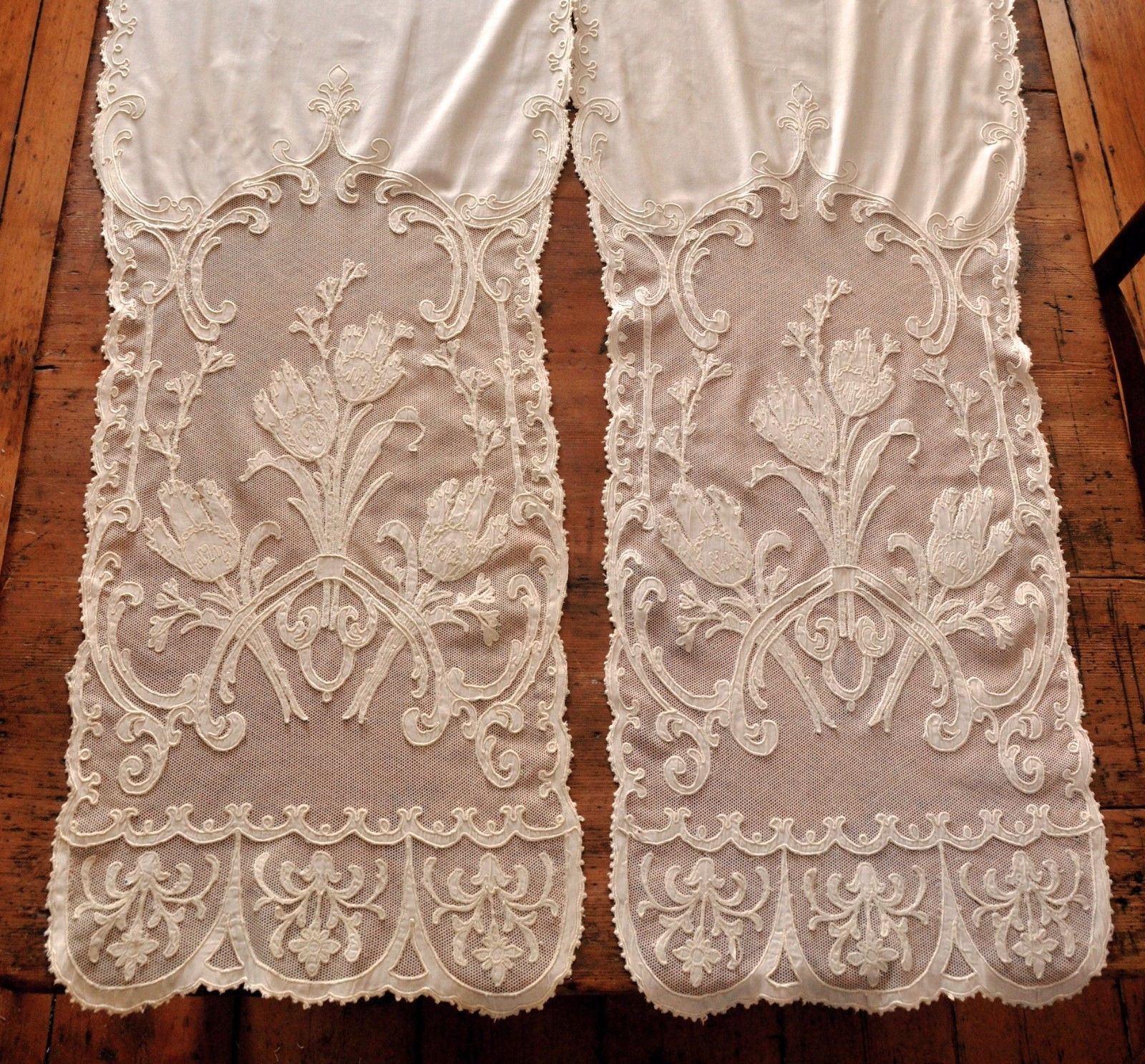 Pair Antique 19th c Embroidered Tambour Lace & Muslin Curtain Panels