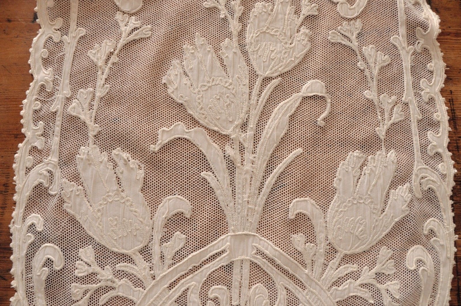 Pair Antique 19th c Embroidered Tambour Lace & Muslin Curtain Panels