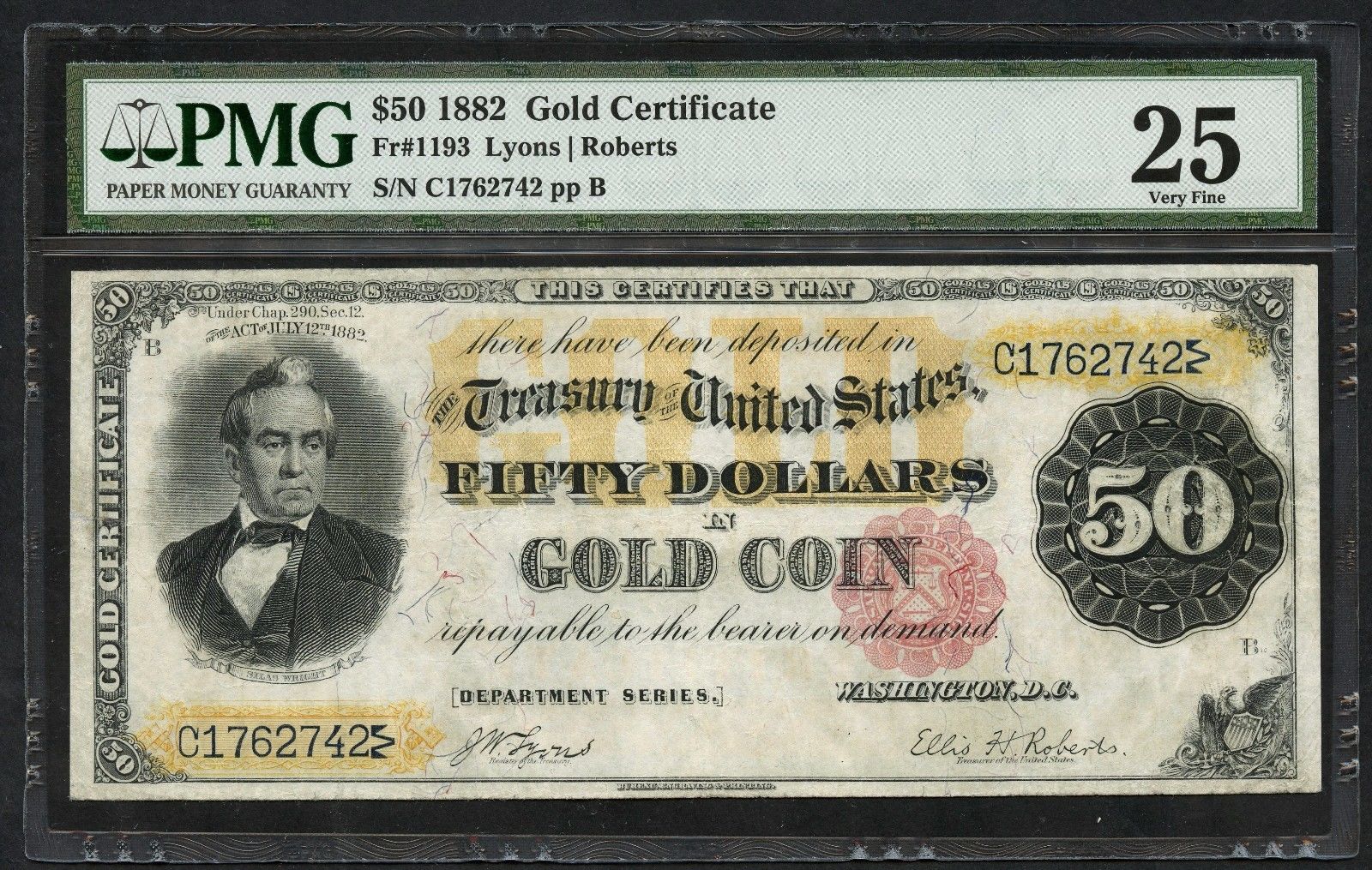 FR1193 $50 1882 SERIES GOLD CERTIFICATE -- PMG 25 VF -- WLM3826
