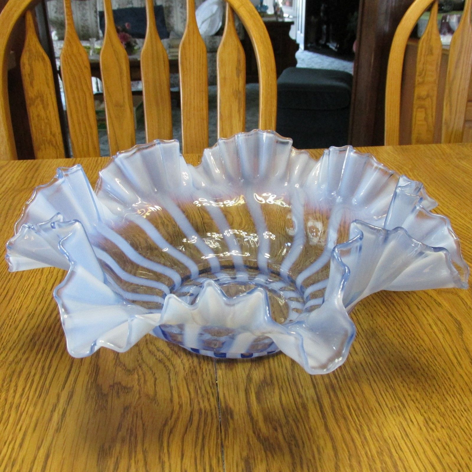 FENTON GLASS BLUE RIB OPTIC OPALESCENT LARGE 13-1/4" BOWL