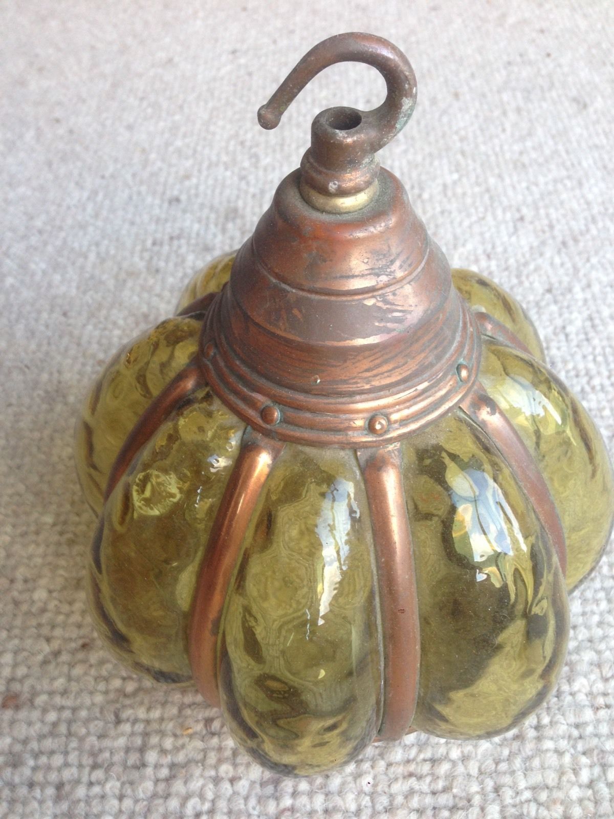 Antique 1900s Arts Crafts Green Glass And Copper Lantern Light